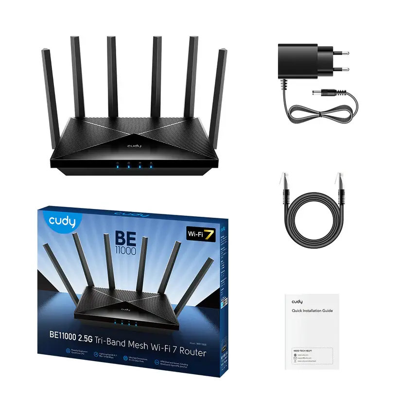 Безжичен рутер Cudy WR11000, BE11000 Tri Band Wi-Fi 7, 4x2.5Gbps порт, 6x5dBi антени - Image 3